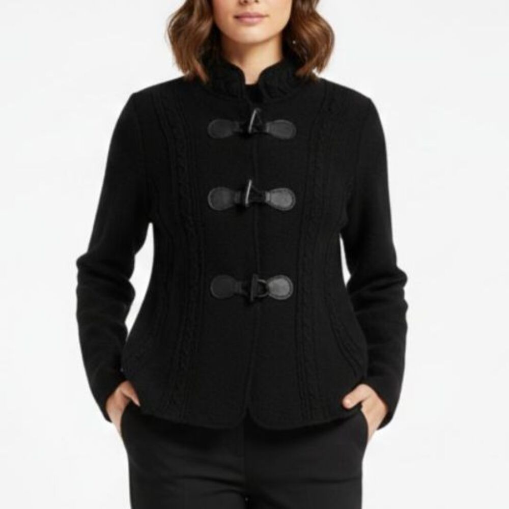 Venario NWT Women's Black Boiled Wool Cable Knit Toggle Cardigan Sweater Sz M